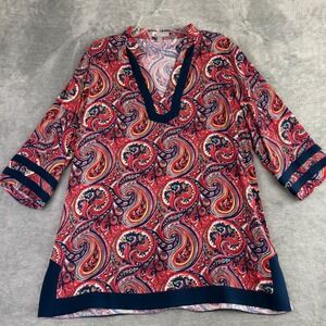 Tina Stephens Paisley Rayon Tunic Top M Red Blue 3/4 Sleeve Boho Festival Fun‎